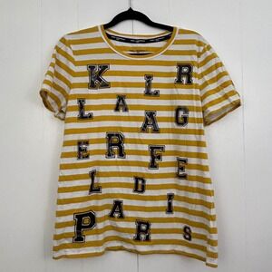 Karl Lagerfeld Paris Womens Striped Logo Graphic T-Shirt Yellow White Medium